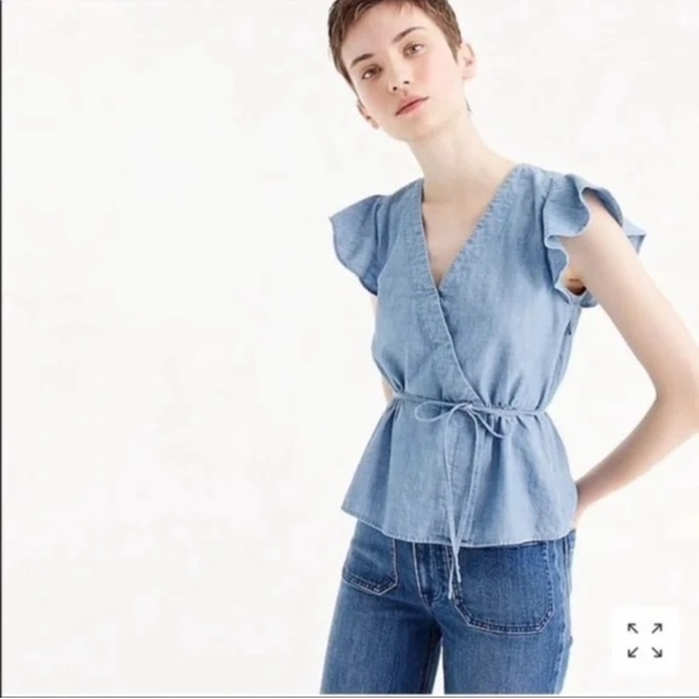 2/$30 J. Crew - Chambray Flutter Sleeve Faux Wrap Tie Waist Blouse Blue Size 00